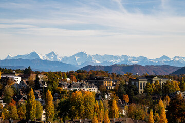 Fototapeta na wymiar Bern Switzerland - 10.25.2020 View over Bern un the Autumn with the Alps in the background