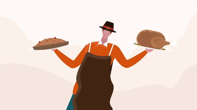 Young man holding roasted turkey and pie