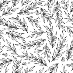 Seamless monochrome vector pattern with hand drawn tree branches and leaves isolated on white background. Botanical design for print, card, fabric, wallpaper, textile