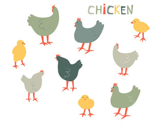 Vector illustration with chiken and chick. Cute cartoon characters.