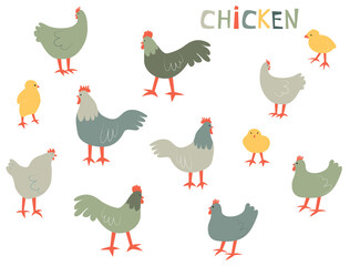 Vector illustration with chiken, rooster and chick. Cute cartoon characters.