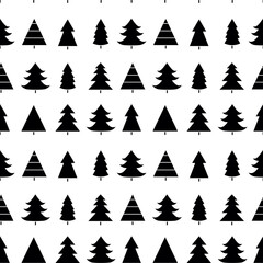 Seamless pattern with Christmas tree with toys. Red and white silhouette with black line.