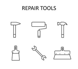 Vector outline icon with repair tools: hummer, wrench, paint roller, putty knife, nail puller.