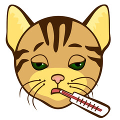 a sick emoticon that has a flu or ill is measuring his temperature holding a thermometer in his mouth, simplistic facial expression vector illustration, cat cartoon character