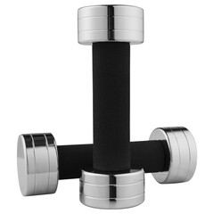 a pair of metal chrome dumbbells, with a neoprene handle, one standing upright, the other lying, on a white background