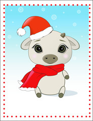 Children's Christmas card with a bull in a hat and scarf. Vector illustration