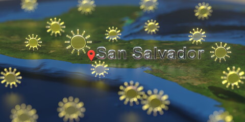 Sunny weather icons near San Salvador city on the map, weather forecast related 3D rendering