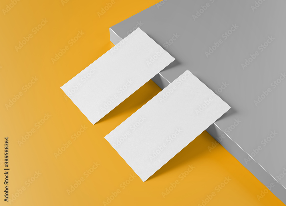 Wall mural two white us business card mockup laying on yellow and grey background 3d rendering