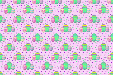 A seamless Easter background illustration of easter eggs and polka dots against a pink background