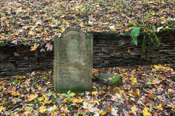 Tombstones in the Old Jewish Cemetery in  in the oak forest. One of the largest of its kind in Europe. Autumn season in landscape. The small Jewish necropolis.