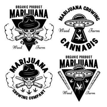 Marijuana growing set of vector emblems with alien