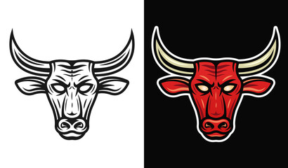 Bull head in two styles black and colorful vector