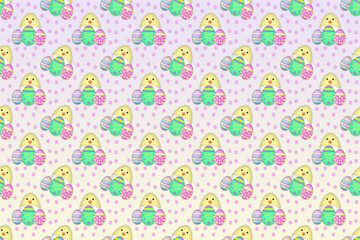 A seamless Easter background illustration of cute easter chicks and eggs with polka dots against a light pink and yellow background