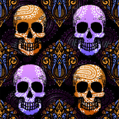 Seamless pattern with hand drawn skulls. Vector Illustration