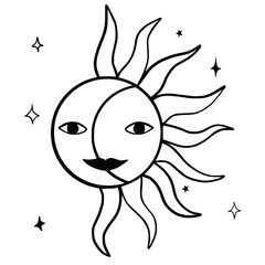 Hand drawn vector isolated  sun and moon. Black outline illustration of magic sun and moon. Witchcraft aesthetic tools.
