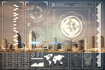 Data theme hologram drawing on city view with skyscrapers background multi exposure. Bigdata...