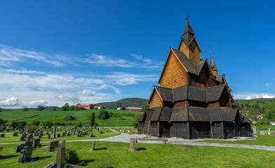 The famous medieval stave church named "Heddal stavkirke" located in Heddal, Norway