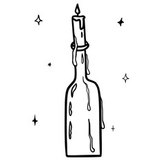 Hand drawn vector isolated candle holder icon. Black outline illustration of candle on the bottle. Witchcraft aesthetic tools.
