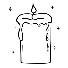 Hand drawn vector isolated candle icon. Black outline illustration of candle. Witchcraft aesthetic tools.