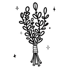Naklejka na ściany i meble Hand drawn vector isolated dry herbs sheaf. Black outline illustration of drying herbs. Witchcraft aesthetic tools.