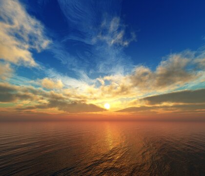 Beautiful sea sunset, sea and sun, 3D rendering