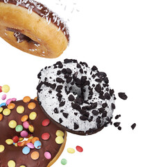 assorted donuts isolated on white background. Glazed doughnut