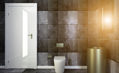Fototapeta na wymiar Modern bathroom including bath and sink. 3D rendering.. Sunset