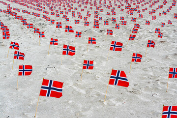 Fototapeta na wymiar Norwegian flags in a row planted in sand