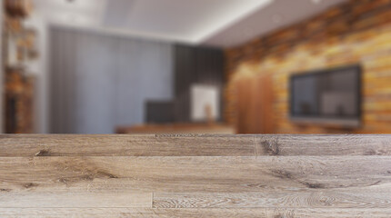 Modern office building interior. 3D rendering.. Abstract blur phototography. wooden table on blurred background.