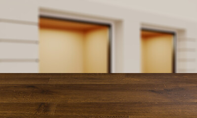 blurred interior on a wooden table background.Empty storefront. view from the daytime street.. 3D rendering