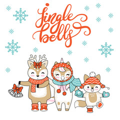 Fototapeta premium Vector Merry Christmas card with funny happy characters celebrating isolated on white background. Deer, Unicorn and Fox. Jingle bells calligraphy. For decor, design, congratulation cards, prints.