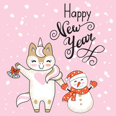 Vector Merry Christmas card with funny happy character celebrating isolated on pink background. Unicorn and snowman. Happy new year calligraphy. For decor, design, congratulation cards, prints.