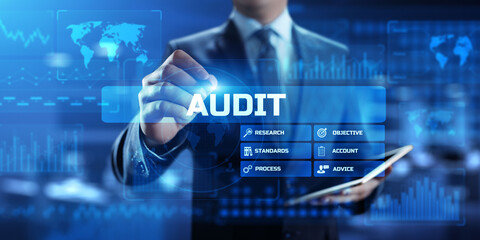 Audit financial examination organisation account. Business finance concept on screen.