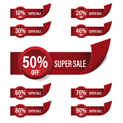 A set of sale banners. Abstract modern bright graphic elements for a mega sale. Discount up to 10 20 30 40 50 60 70 80 90 percent. Banner icon template for super sale. black Friday. 