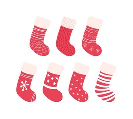 Set of cartoon christmas socks with decorations. New year colored stocking decorations. Element of funny celebration. Vector illustration isolated on white.