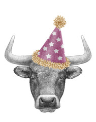 Portrait of Bull in a festive hat. Hand-drawn illustration