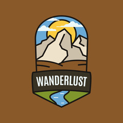 Vintage wanderlust adventure logo, hiking emblem design with camping scene, mountains and river. Unusual line art retro style sticker. Stock vector art