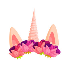 Unicorn headband with peonies wreath cartoon illustration. Fairytale horse ears and spiral horn stylized crown isolated on white background. Trendy video chat effect with magic creature headwear