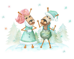 Two horses, a boy and a girl in winter clothes on a snowdrift, around snowflakes, create a background of Christmas trees. 