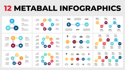 Fototapeta na wymiar 12 Metaball Infographics. Circle Diagrams and Timelines templates set for your presentation. 