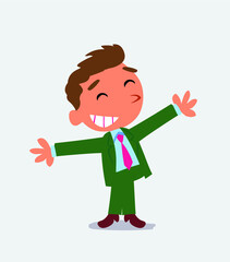 cartoon character of businessman opening arms very happy.