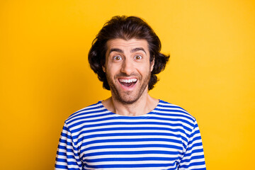 Portrait of astonished middle eastern crazy man look in camera shout wear nautical vest isolated over bright color background