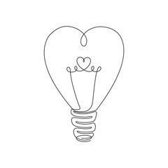 Continuous line drawing. Heart shaped light bulb. Love concept. Black isolated on white background. Hand drawn vector illustration. 