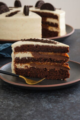 Creamy cheesecake with chocolate cookies and cream biscuits. Copy space.