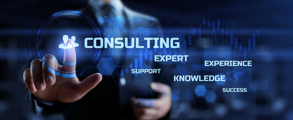 Consulting service business, finance and development concept. Businessman pressing button on...