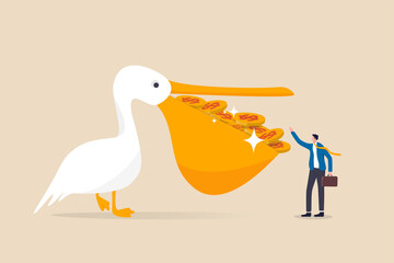 High return investment, bargain stock buying with high profit and dividend, savings and wealth management concept, pelican bird with full of dollar money coins in his mouth giving to rich man investor