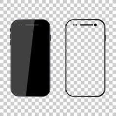 PNG mockup. Phone mock up. Black smartphone. Mobile cellphone with blank screen isolated on transparent background. Template and frame of smart. Realistic 3d 6,7 ui for app, background. Vector