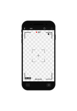 Camera record on screen. Cam frame with interface in phone for photo and 4k video. Viewfinder, focus, grid, zoom in mobile for videography and snapshot. Template smartphone with ui of display. Vector