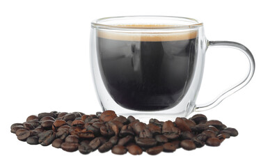 Glass cup of coffee and coffee beans isolated on white