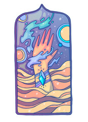 Hand in the sand dunes. Creative cartoon illustration. Picture for print, advertising, applications and T-shirt print.